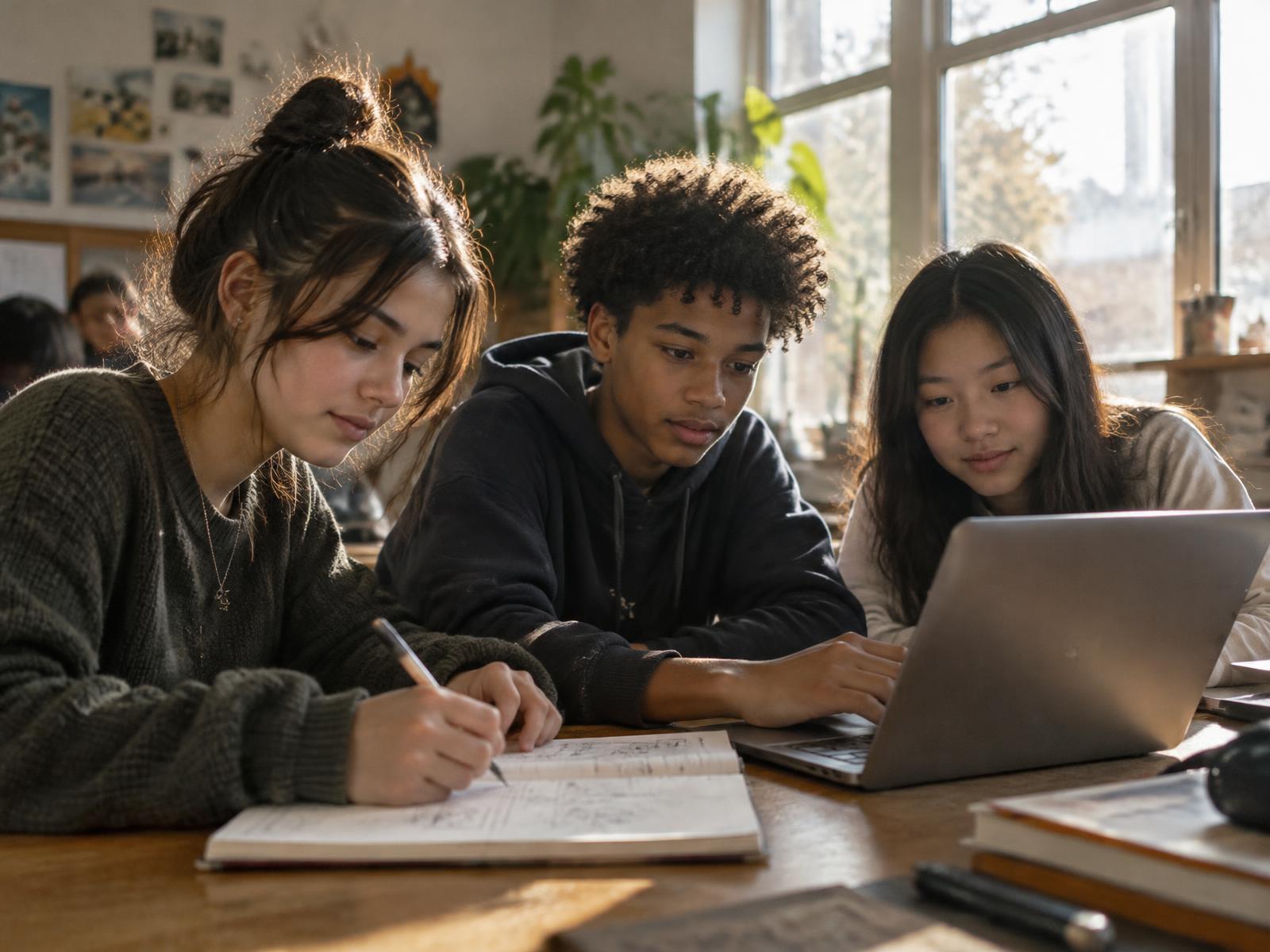 Three teenagers working together at a table, one writing in a notebook while two look at a laptop